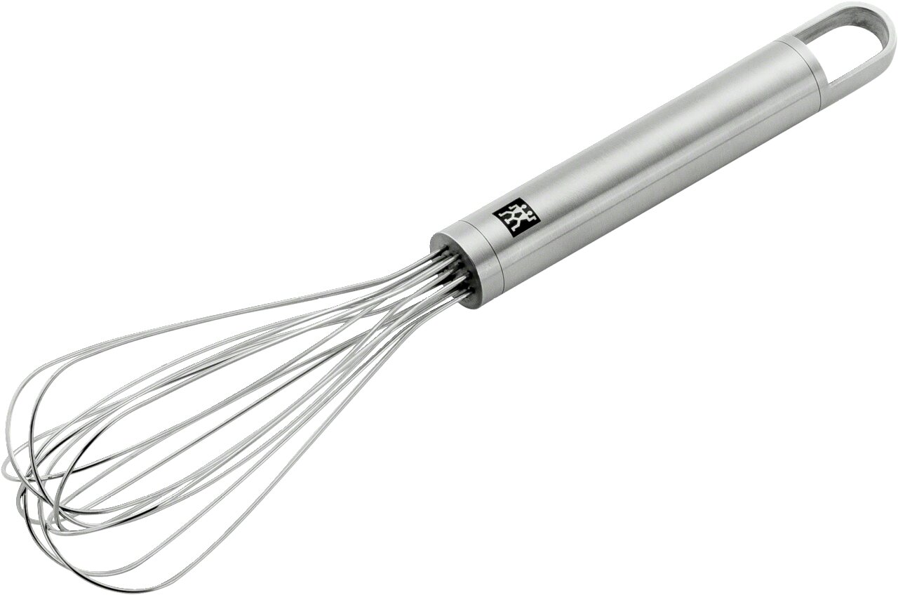 Kleiner Schneebesen aus Edelstahl mit ergonomischem Griff, seitliche Perspektive