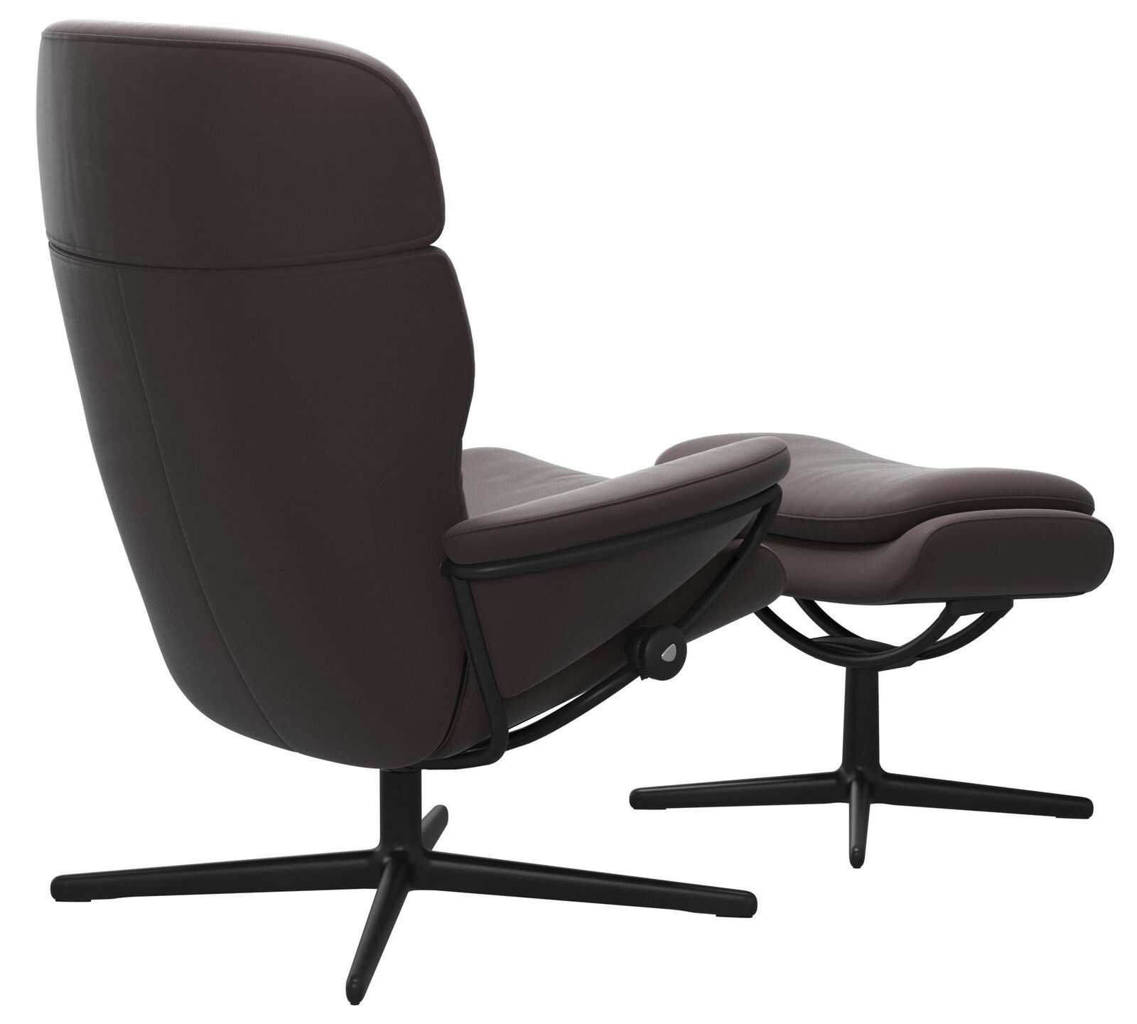 Rückansicht eines modernen Einzelsessels mit Kopfstütze und passendem Fußhocker in dunklem Leder, seitliche Perspektive.