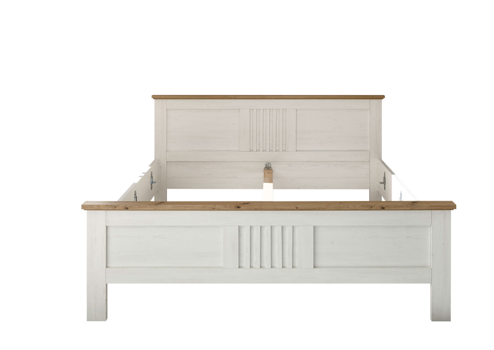 Landscape Bett TRIENT Frontale Ansicht eines weißen Bettes mit Holzverzierungen.