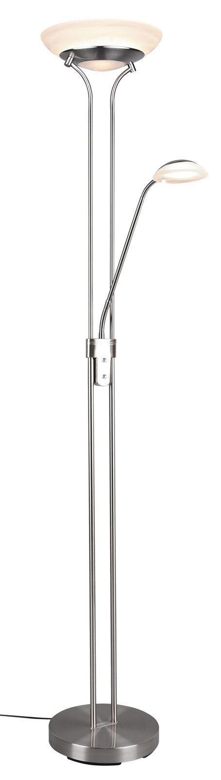 Stehleuchte mit zwei Lichtquellen, einer großen oben und einer kleineren Leselampe, in silberner Metalloptik, seitliche Perspektive
