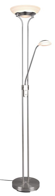 Stehleuchte mit zwei Lichtquellen, einer großen oben und einer kleineren Leselampe, in silberner Metalloptik, seitliche Perspektive