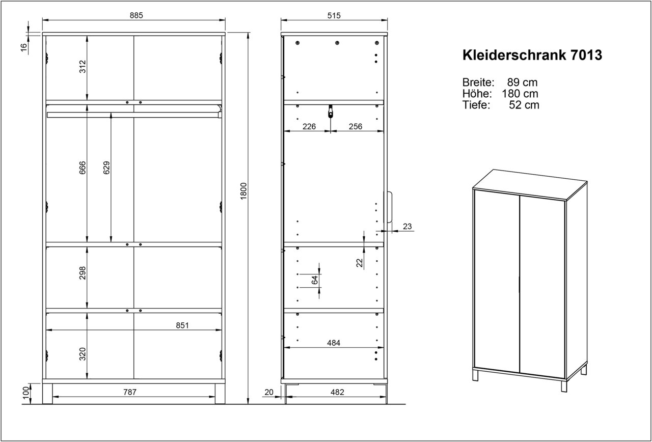 Technische Zeichnung eines Kleiderschranks mit den Maßen Breite: 89 cm, Höhe: 180 cm, Tiefe: 52 cm, Vorder- und Seitenansicht.