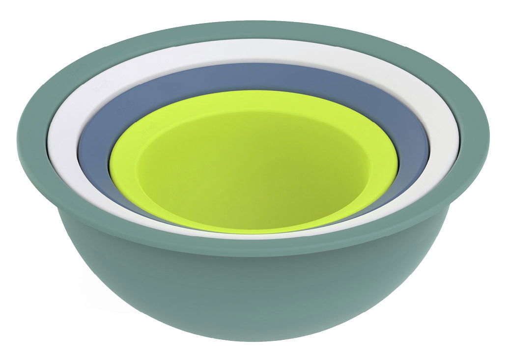 rotho Schüssel-/Siebset 4-tlg. CARUBA Vogelperspektive auf ein farbenfrohes Schüssel- und Siebset CARUBA, bestehend aus ineinander gestapelten Schüsseln in Grün, Blau, Weiß und Gelb.