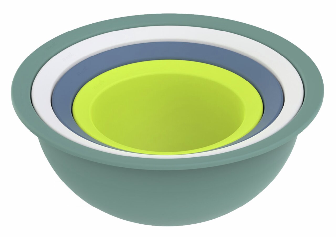 Vogelperspektive auf ein farbenfrohes Schüssel- und Siebset CARUBA, bestehend aus ineinander gestapelten Schüsseln in Grün, Blau, Weiß und Gelb.