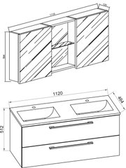 Technische Strichzeichnung eines Badezimmermöbel-Sets: Spiegelschrank mit offenem Mittelregal sowie Waschtischunterschrank mit Doppelwaschbecken und zwei Schubladen, in schräger Perspektive (3/4-Ansicht) mit Maßangaben.
