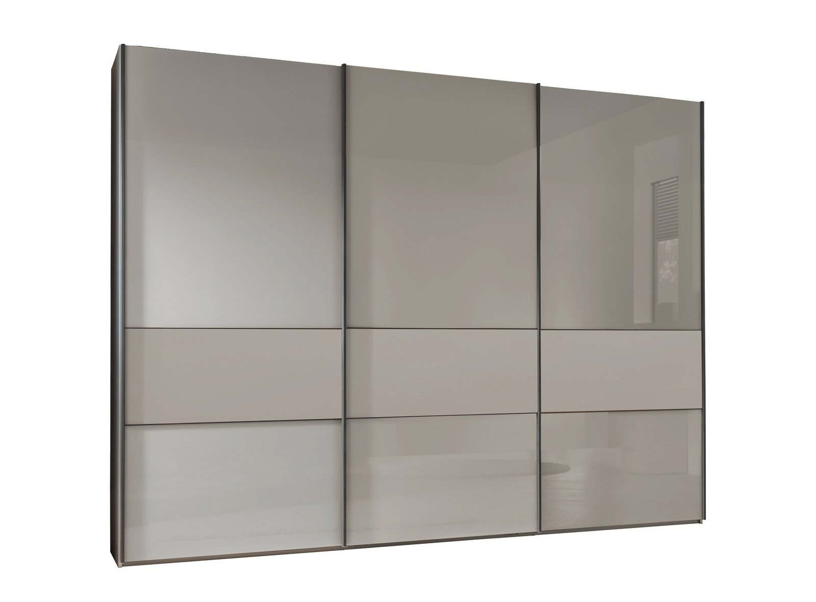 Moderner dreitüriger Schwebetürenschrank in Frontansicht mit glänzender Oberfläche und klaren Linien.