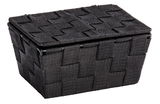 Schwarzer Badkorb mit Deckel in geflochtener Optik, seitliche Perspektive