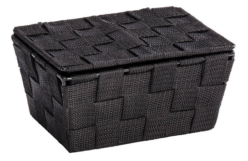 Schwarzer Badkorb mit Deckel in geflochtener Optik, seitliche Perspektive