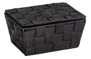 Schwarzer Badkorb mit Deckel in geflochtener Optik, seitliche Perspektive