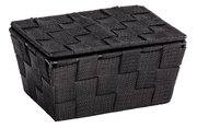 Schwarzer Badkorb mit Deckel in geflochtener Optik, seitliche Perspektive