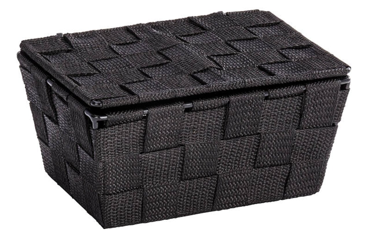 Schwarzer Badkorb mit Deckel in geflochtener Optik, seitliche Perspektive