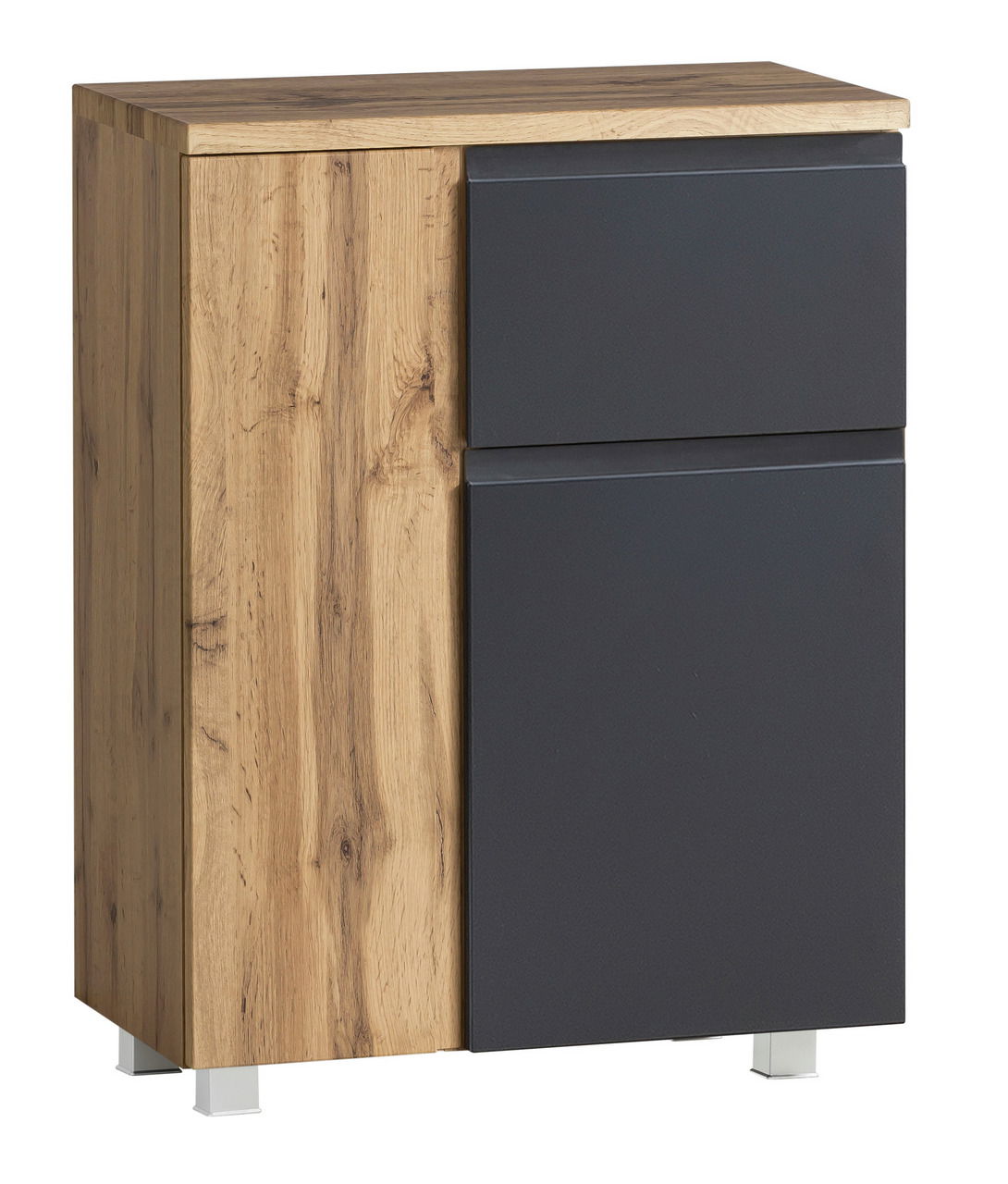Moderner Unterschrank 65 cm mit Holzoptik und dunkler Front, seitliche Perspektive