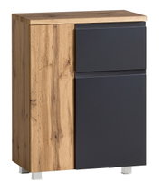 Moderner Unterschrank 65 cm mit Holzoptik und dunkler Front, seitliche Perspektive