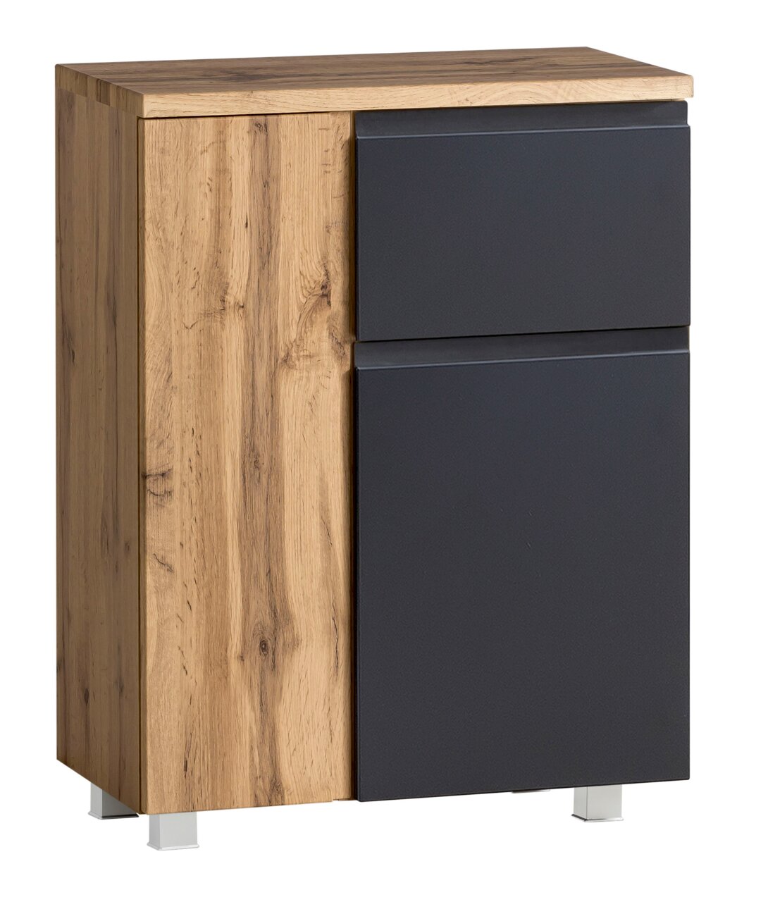 Moderner Unterschrank 65 cm mit Holzoptik und dunkler Front, seitliche Perspektive