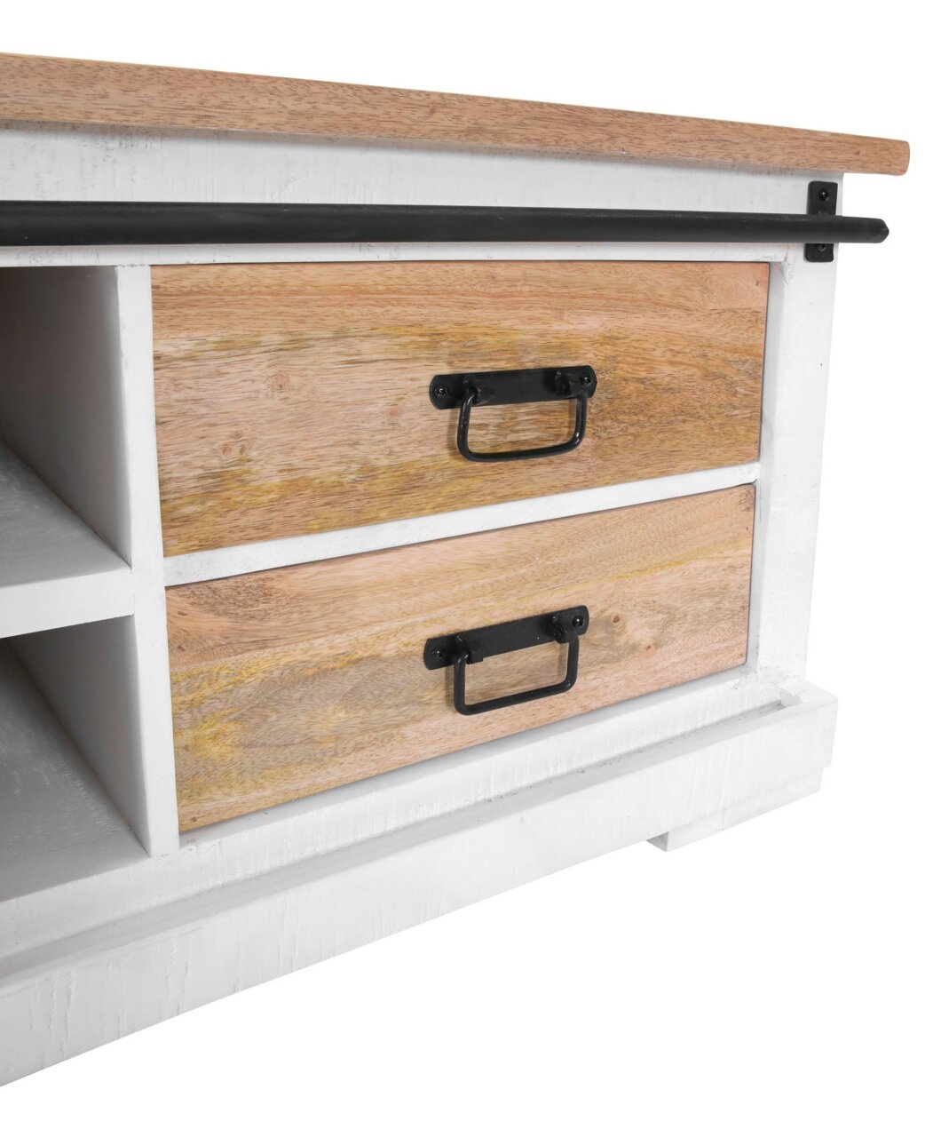 Close-up van een laag dressoir met twee houten lades en zwarte handgrepen, gezien vanaf de zijkant