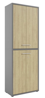 Hoher Aktenschrank mit Holzoptik und grauem Rahmen, Vorderansicht