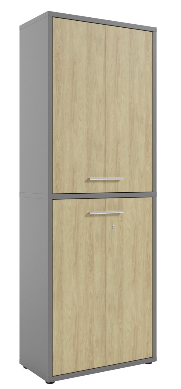 Hoher Aktenschrank mit Holzoptik und grauem Rahmen, Vorderansicht