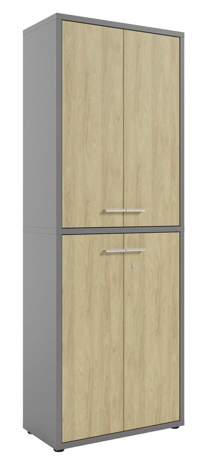 Hoher Aktenschrank mit Holzoptik und grauem Rahmen, Vorderansicht