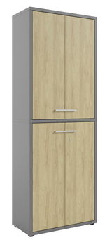 Hoher Aktenschrank mit Holzoptik und grauem Rahmen, Vorderansicht
