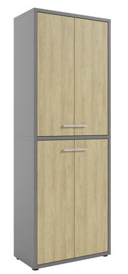 Hoher Aktenschrank mit Holzoptik und grauem Rahmen, Vorderansicht