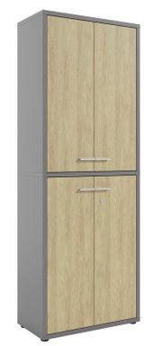 Hoher Aktenschrank mit Holzoptik und grauem Rahmen, Vorderansicht