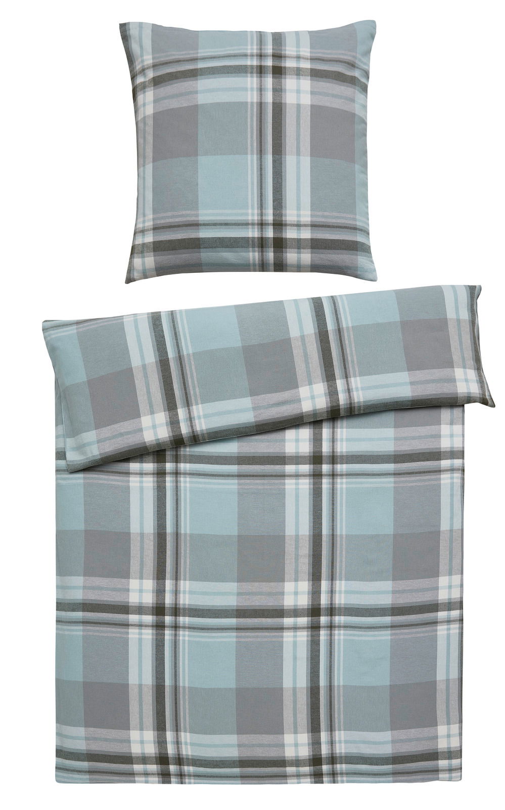 Bettwäsche-Set mit Karo-Muster in Blau- und Grautönen, bestehend aus einem Kissenbezug und einem Bettdeckenbezug, aus der Vogelperspektive fotografiert.