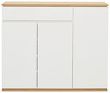 Frontansicht eines modernen XL-Schuhschranks in Weiß mit Holzoberfläche.