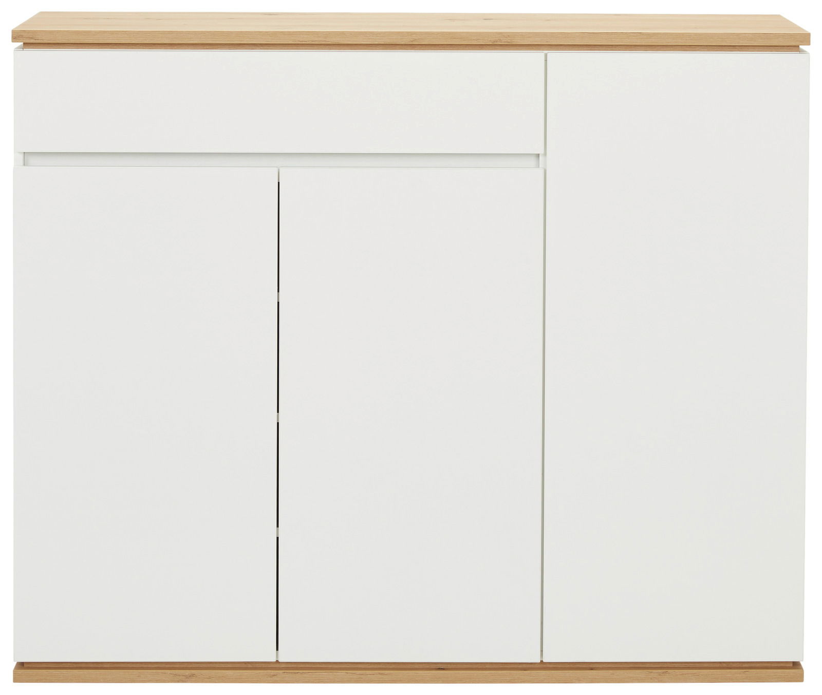 Frontansicht eines modernen XL-Schuhschranks in Weiß mit Holzoberfläche.