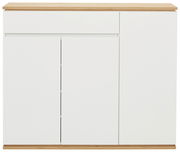 Frontansicht eines modernen XL-Schuhschranks in Weiß mit Holzoberfläche.