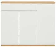 Frontansicht eines modernen XL-Schuhschranks in Weiß mit Holzoberfläche.