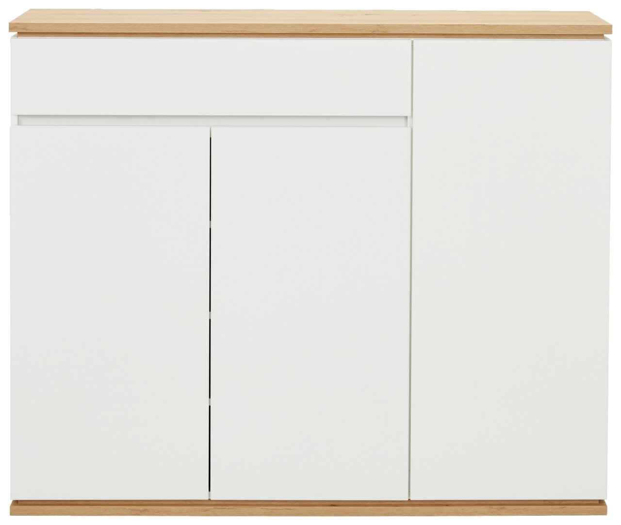 Frontansicht eines modernen XL-Schuhschranks in Weiß mit Holzoberfläche.