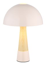 Moderne Tischleuchte mit rundem, cremefarbenem Schirm und holzähnlichem Sockel, frontal betrachtet.