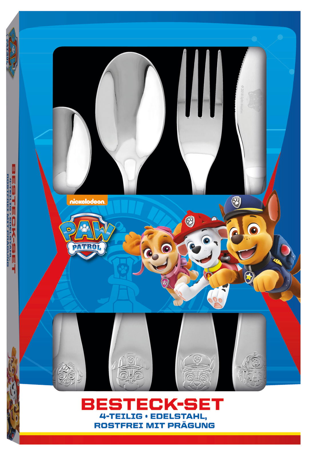 4-teiliges Edelstahlbesteckset mit PAW Patrol-Motiven, Vorderansicht der Verpackung
