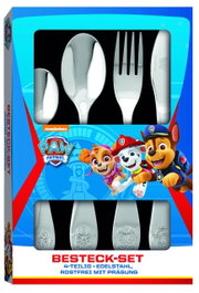 4-teiliges Edelstahlbesteckset mit PAW Patrol-Motiven, Vorderansicht der Verpackung