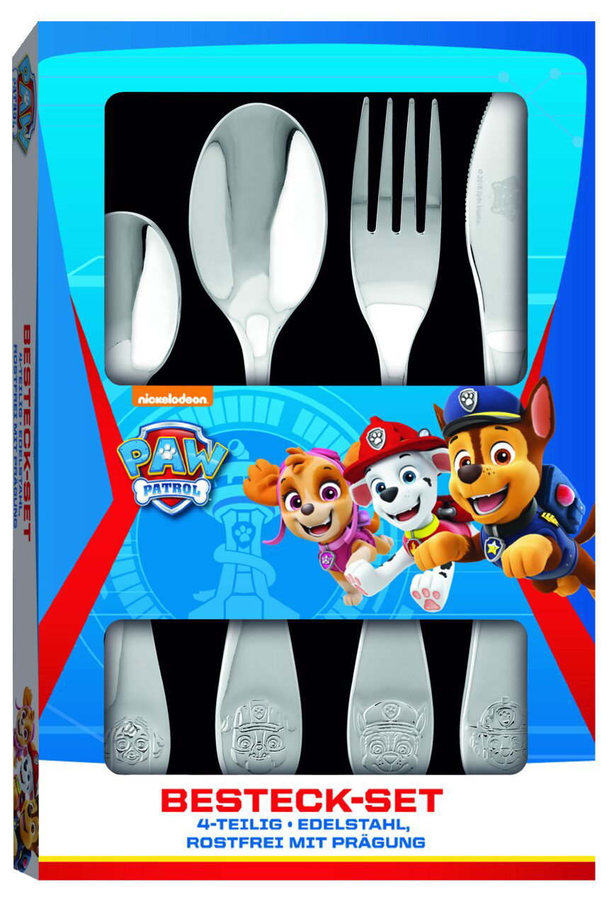 4-teiliges Edelstahlbesteckset mit PAW Patrol-Motiven, Vorderansicht der Verpackung
