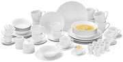 Vielseitiges 62-teiliges Kombiservice in Weiß, bestehend aus Tellern, Tassen, Schalen und Eierbechern, aus der Vogelperspektive fotografiert.