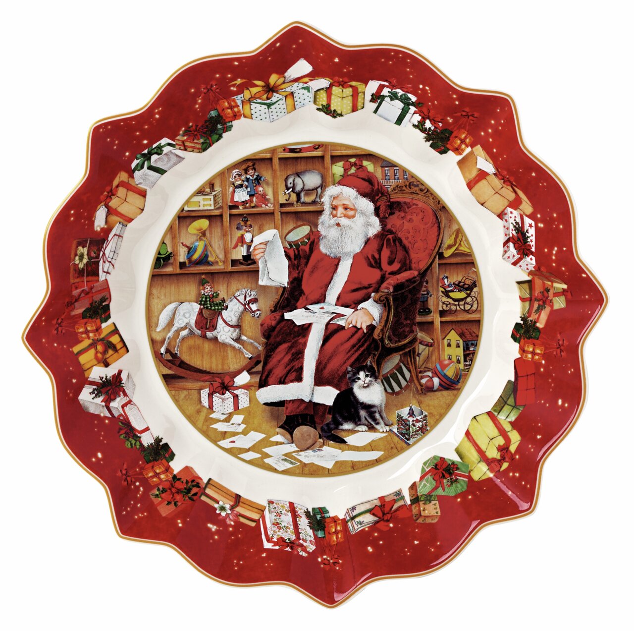 Große Weihnachtsschale mit einem Durchmesser von 25 cm, verziert mit einem Weihnachtsmann-Motiv in der Mitte, umgeben von Geschenken und einem roten Rand. Draufsicht auf das Produkt.
