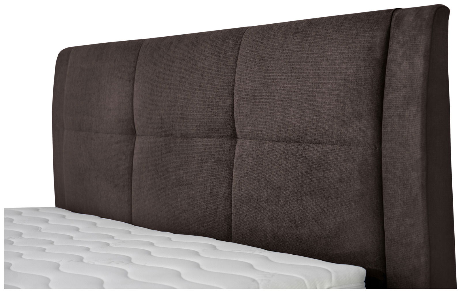 Seitliche Ansicht eines Boxspringbetts mit braunem, gepolstertem Kopfteil und weißer Matratze.