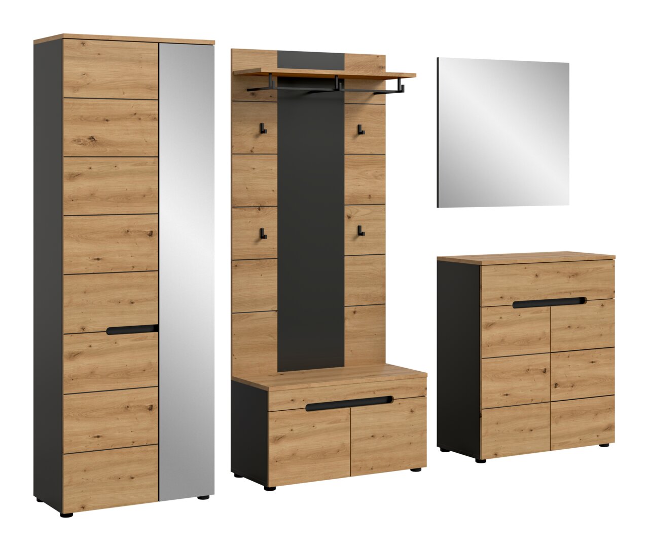 MID.YOU Garderobenkombination CANU Modernes Garderoben-Set in Eiche-Optik mit Anthrazit-Akzenten: hoher Schrank mit Spiegel, Garderobenpaneel mit Hutablage und Kleiderstange, Wandspiegel und Schuhkommode; Produktansicht frontal in leichter Schrägperspektive