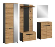 Modernes Garderoben-Set in Eiche-Optik mit Anthrazit-Akzenten: hoher Schrank mit Spiegel, Garderobenpaneel mit Hutablage und Kleiderstange, Wandspiegel und Schuhkommode; Produktansicht frontal in leichter Schrägperspektive