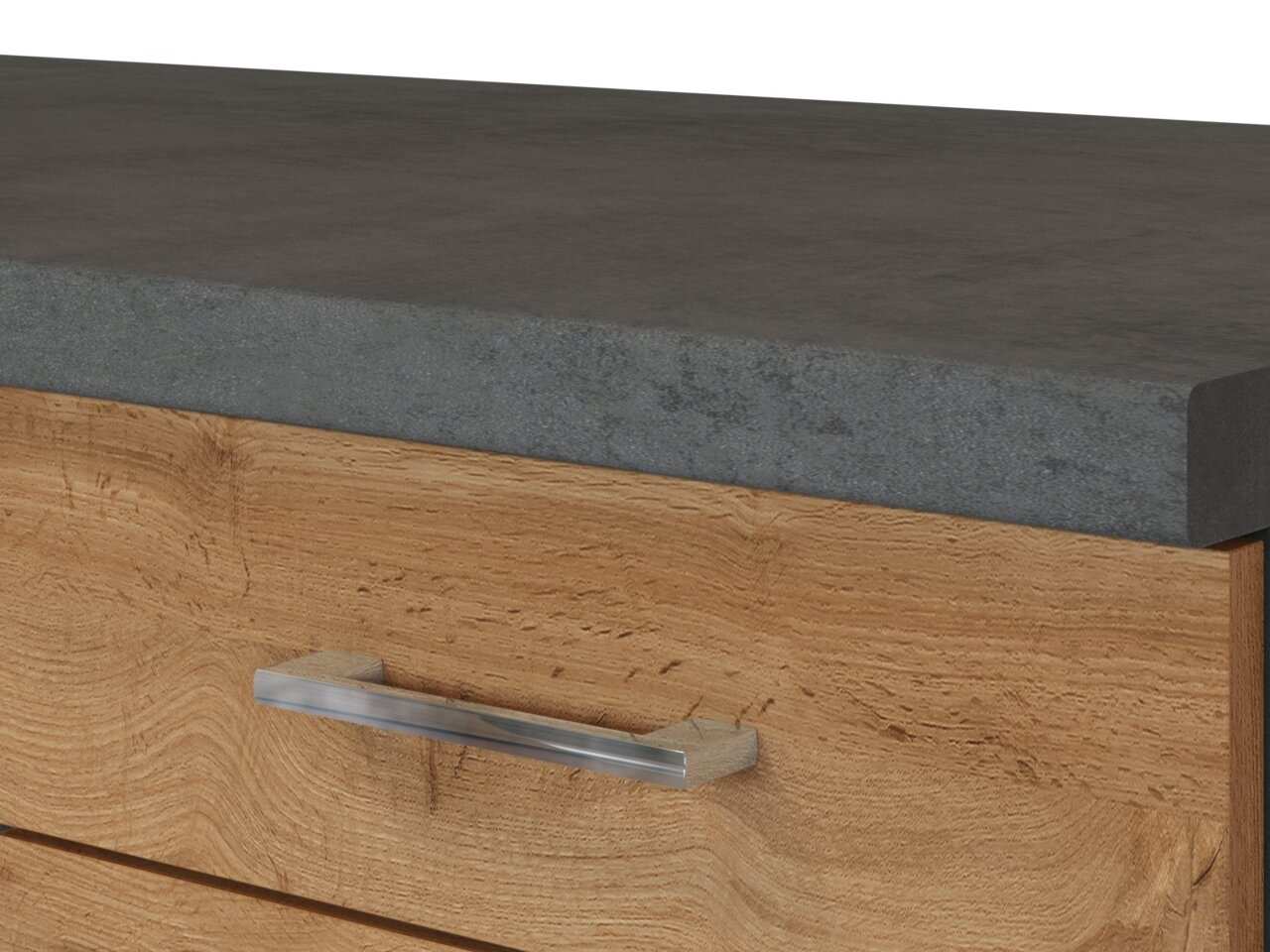 Nahaufnahme einer Küchenzeile mit Holzschublade und grauer Arbeitsplatte, seitliche Perspektive