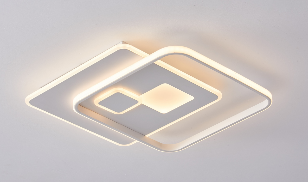 Moderne LED-Deckenleuchte in quadratischem Design, seitliche Perspektive