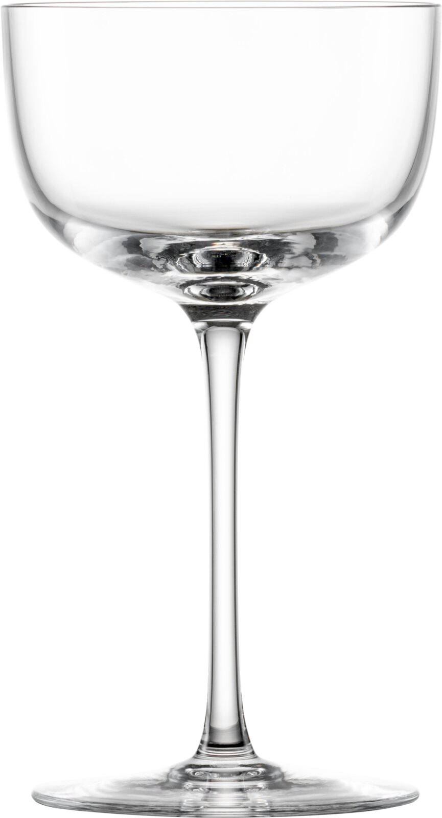 Transparentes Cocktailglas mit breiter Schale und langem Stiel, freigestellt auf weißem Hintergrund, Frontansicht