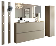 Modernes Garderobenset in Beige mit Spiegel, Hakenleisten und Schrank, seitliche Perspektive