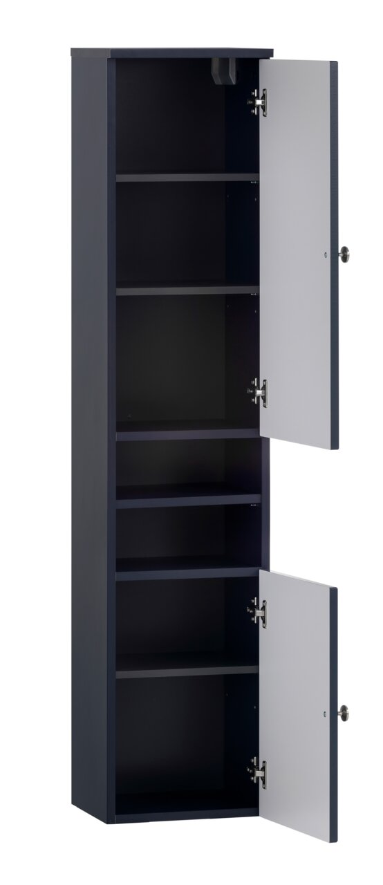 Stylife Hochschrank JESPER Hochschrank mit zwei geöffneten Türen, fünf Einlegeböden und einer dunklen Außenfarbe, frontal betrachtet.