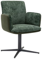 Grüner Armlehnstuhl ELLY mit Stoffbezug und schwarzem Metallfuß, seitliche Perspektive