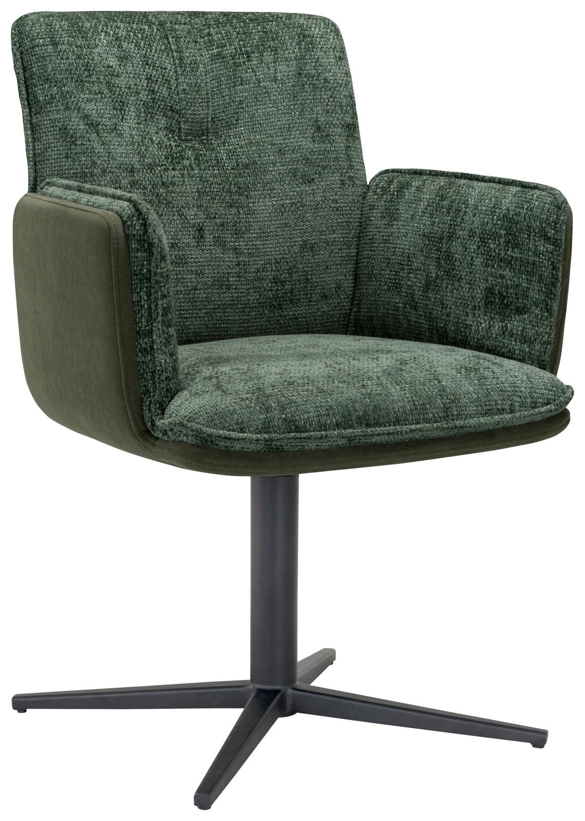 Grüner Armlehnstuhl ELLY mit Stoffbezug und schwarzem Metallfuß, seitliche Perspektive