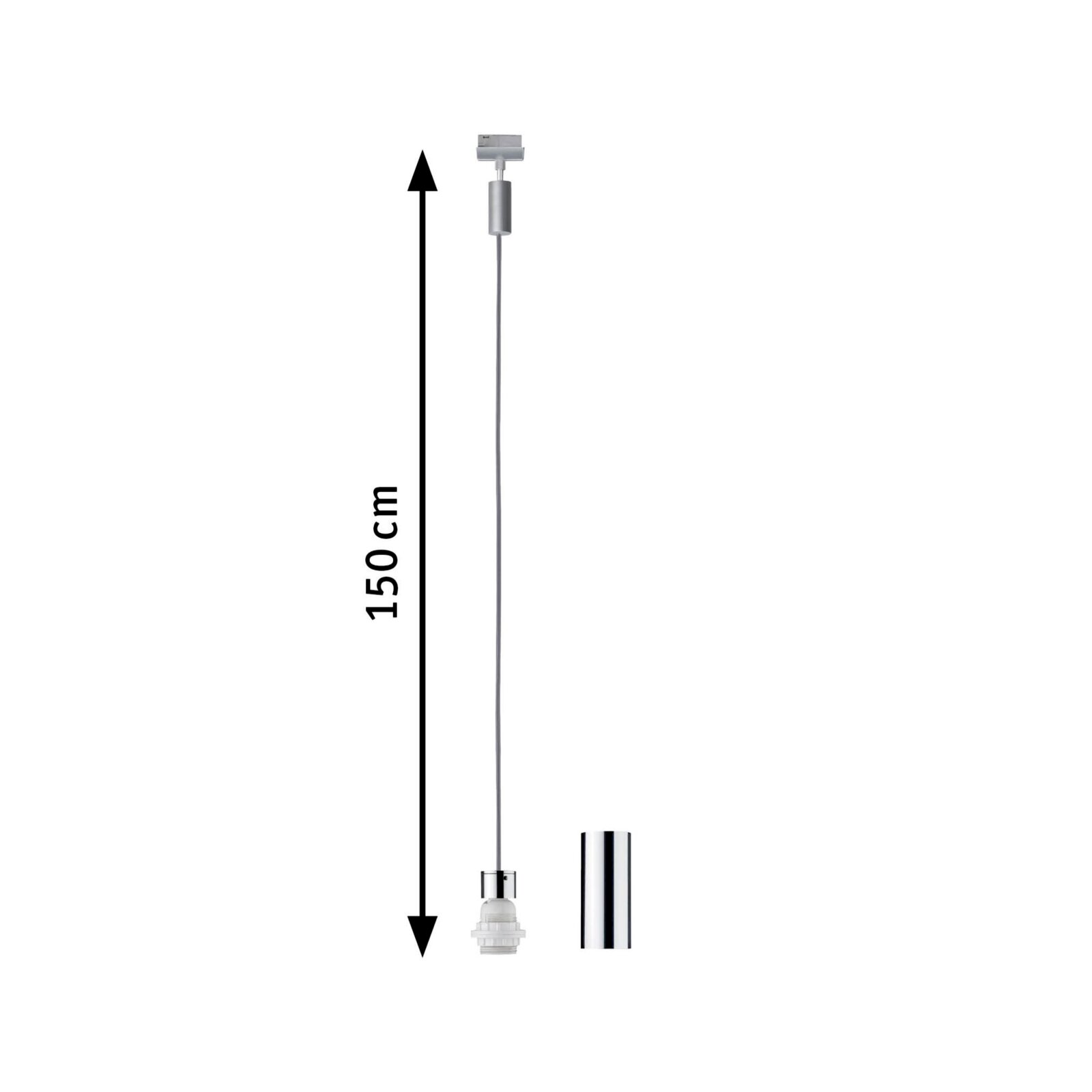 Seitenansicht eines 150 cm langen Basispendels mit silbernem Kabel und Fassung.