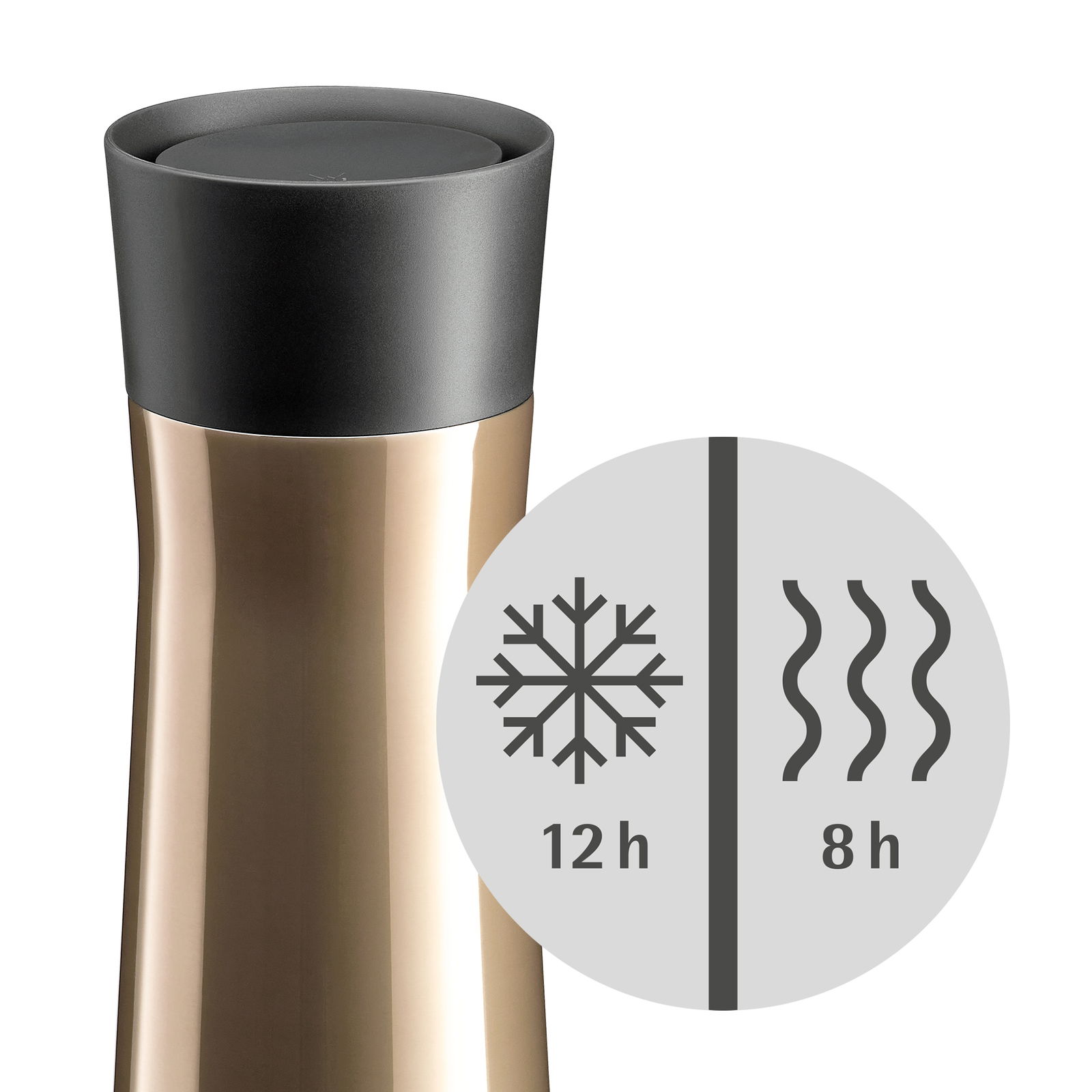 Impulse Isolierbecher 0,35l in seitlicher Ansicht, hält Getränke 12 Stunden kalt und 8 Stunden warm.