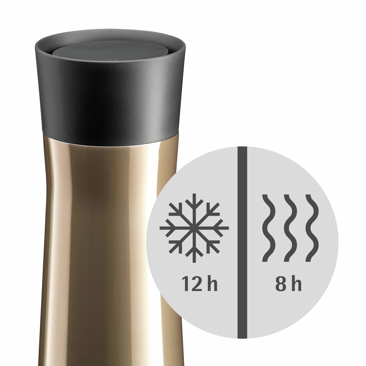 Impulse Isolierbecher 0,35l in seitlicher Ansicht, hält Getränke 12 Stunden kalt und 8 Stunden warm.